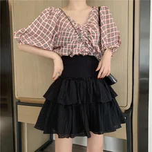 Lychee/винтажная Женская Очаровательная юбка с оборками, выше колена, высокая талия, Женская юбка, свободная Летняя Женская Очаровательная юбка