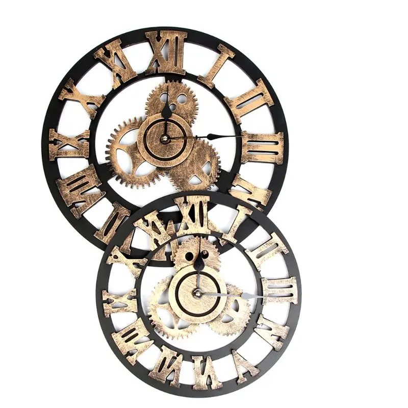 

3D Retro Rustic Vintage Wooden Noiseless Steampunk Gear Wall Clock Roman Numerals Decorative Home Room Decor -HJI
