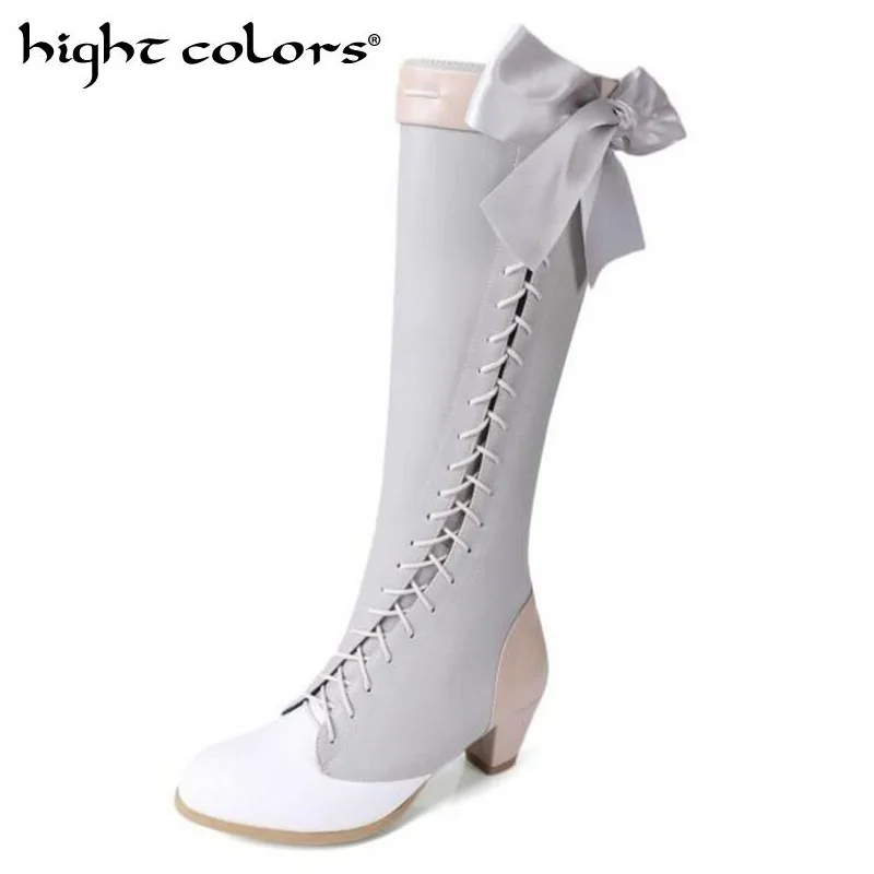 Autumn and winter boots sweet Lolita bow with thick heel women's boots womens knee high boots big size 34 43