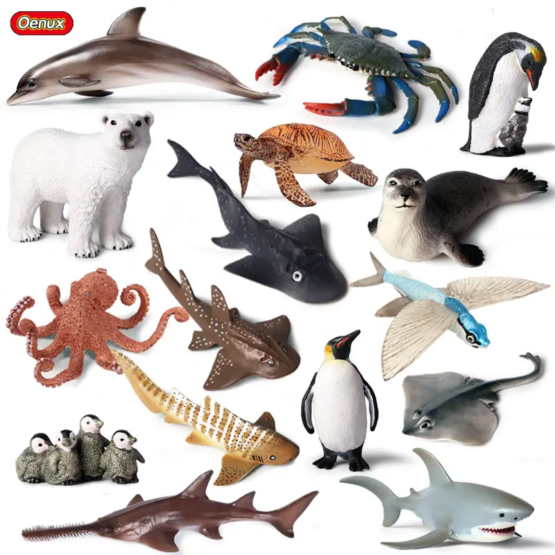 

Oenux Classic Sea Life Animal Dolphin Rays Shark Turtle Carbs Octopus Model Action Figures Aquarium Miniature Education Toys