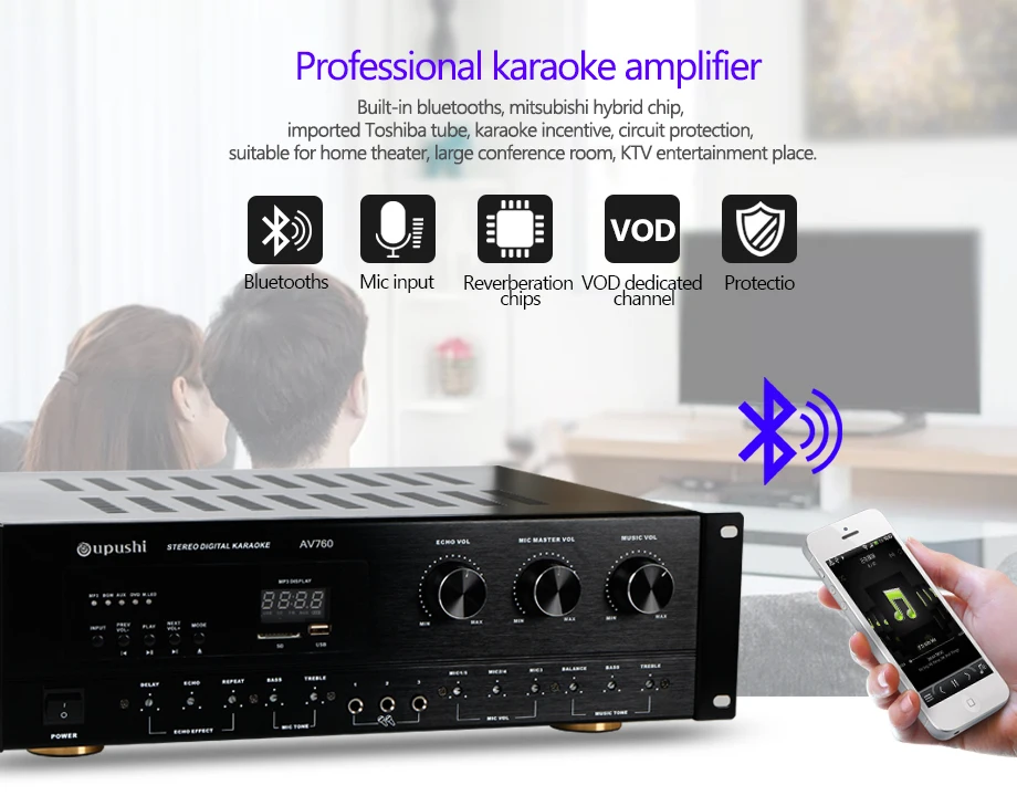 Oupushi профессиональный караоке 8 Ом Цифровой усилитель 2 канала HiFi 250 Вт* 2 эхо стерео клубный усилитель с колонки KTV Шэньчжэнь