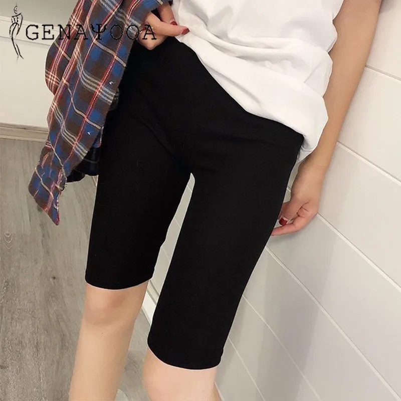 

Genayooa 2019 Summer Knee Length Biker Shorts Casual Black Shorts Women Skinny Streetwear Elastic Korean Style Short Femme