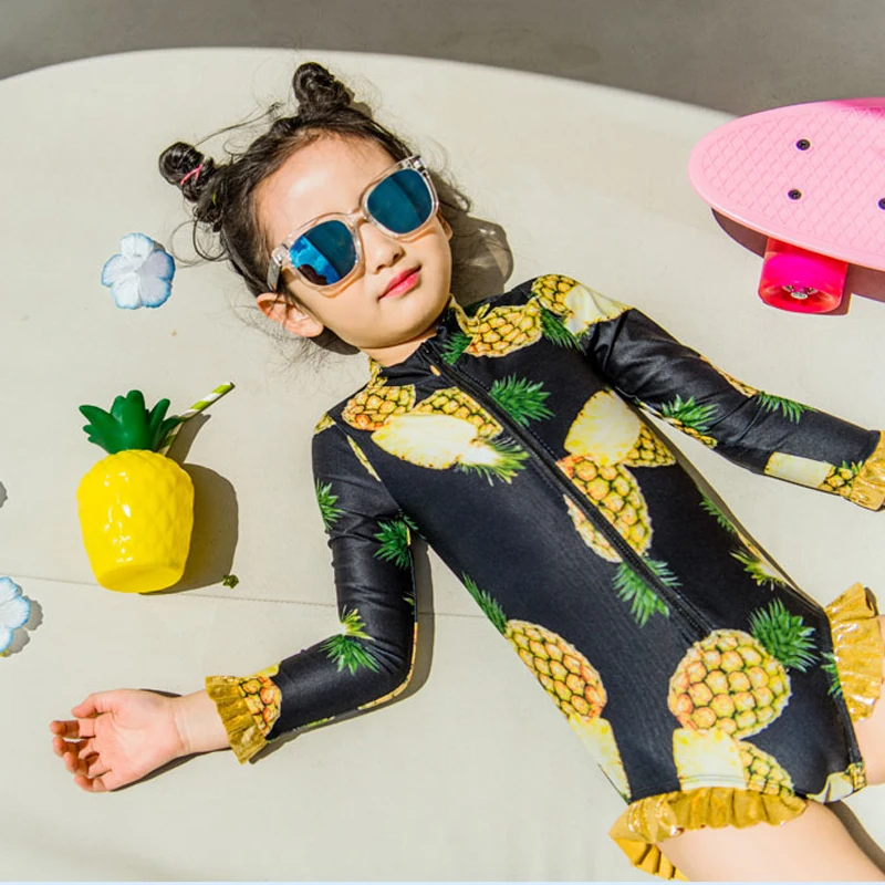 Girl Kids Swimsuit Jumpsuits + Hat Pineapple Print Children Swimwear