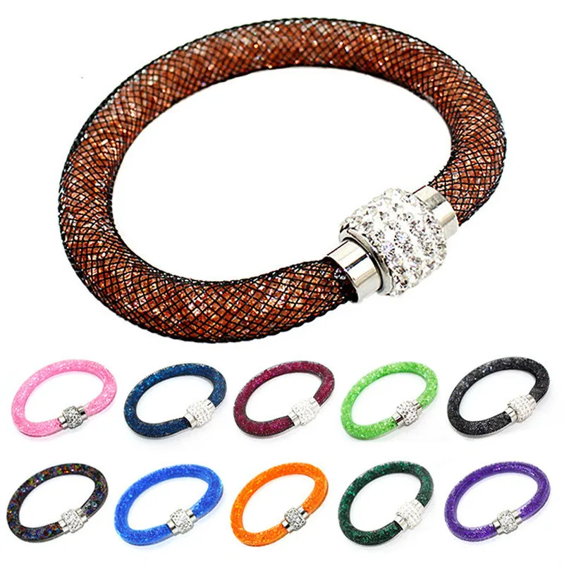 

Beautiful Design Multicolor Clay Crystal Magnetic Clasp Mesh Bracelet with Women Charm Bracelet Men