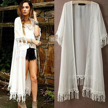 

Women Chiffon Shirts Lace Tassels Sun Protective Cover Up Coats for Summer BMF88