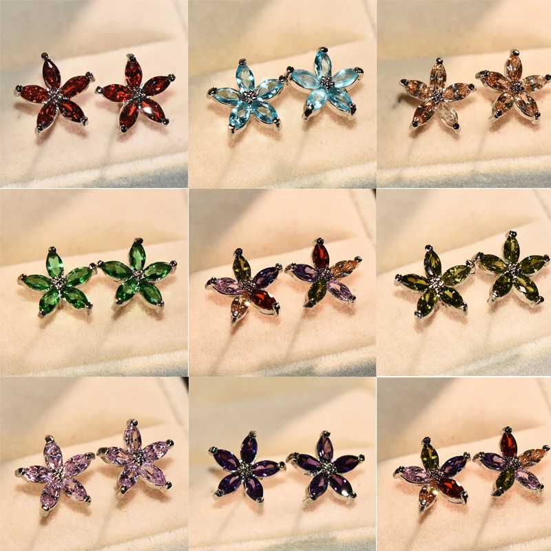 

Cute Female Small Star Stud Earrings Blue Green Purple Earrings 925 Sterling Silver Jewelry Double Wedding Earrings For Women