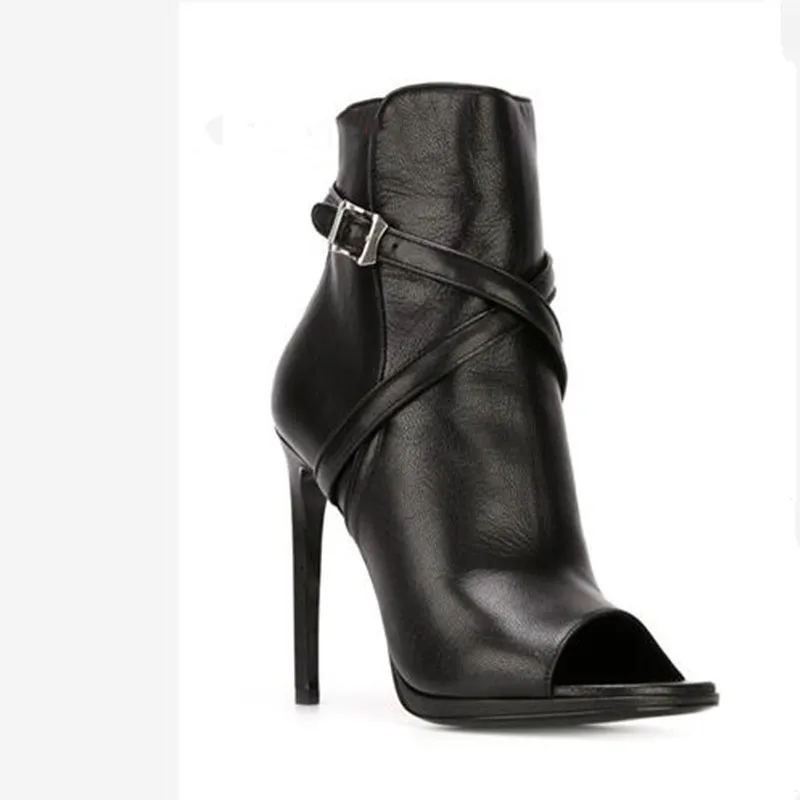 SHOOFOO/красивая модная обувь; ; кожаные ботинки с открытым носком; ботинки на высоком каблуке 12 см Размер: 34-45