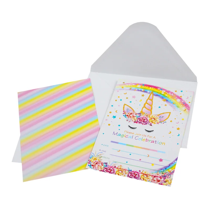 6 шт. сверкающие радужные единороги пригласительные карты с конвертом Единорог вечерние для украшения детского душа дети 1-й день рождения