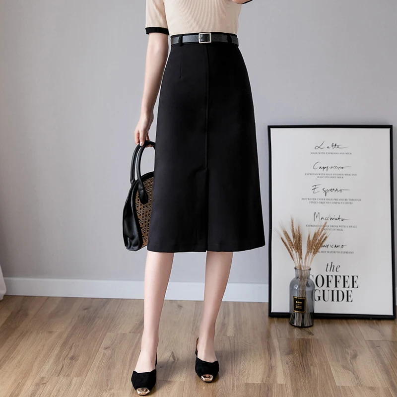 

High Waist Black Skirts Womens 2019 Summer Office Lady Elegant Skirt with Sashes Plus Size harajuku Korean Midi Skirt jupe femme