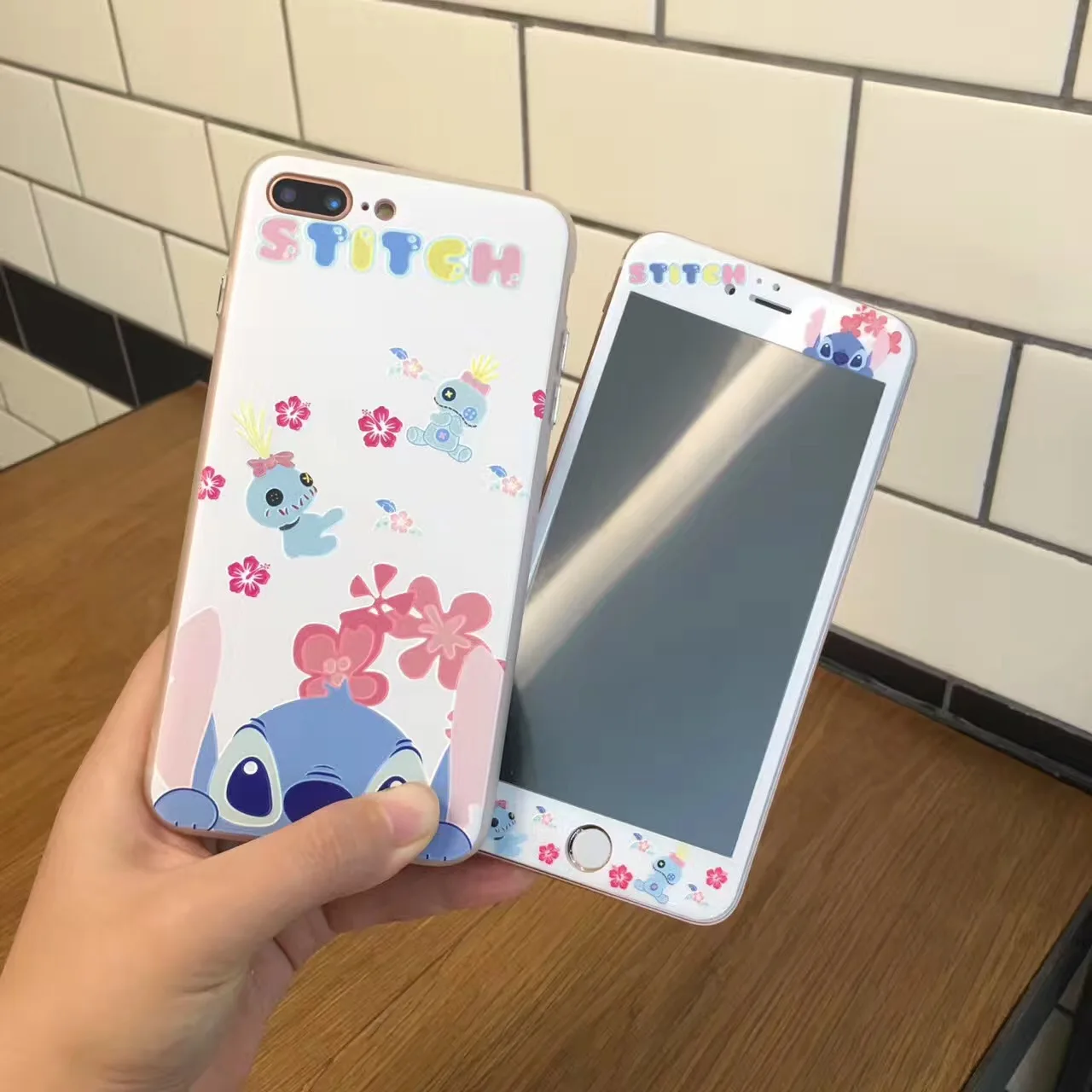 

Rlenda Stitch Phone Case for iphone8 Plus 7 6S 6 TPU+PC Cases+3D Soft Edge Screen Protector Tempered Glass Film Protective cover