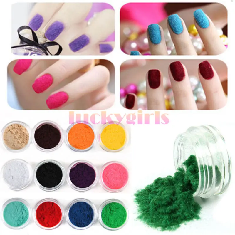 12 Pots Colors Nail Art Velvet Flocking Snow Powder Dust Acrylic UV 3D Tip DIY