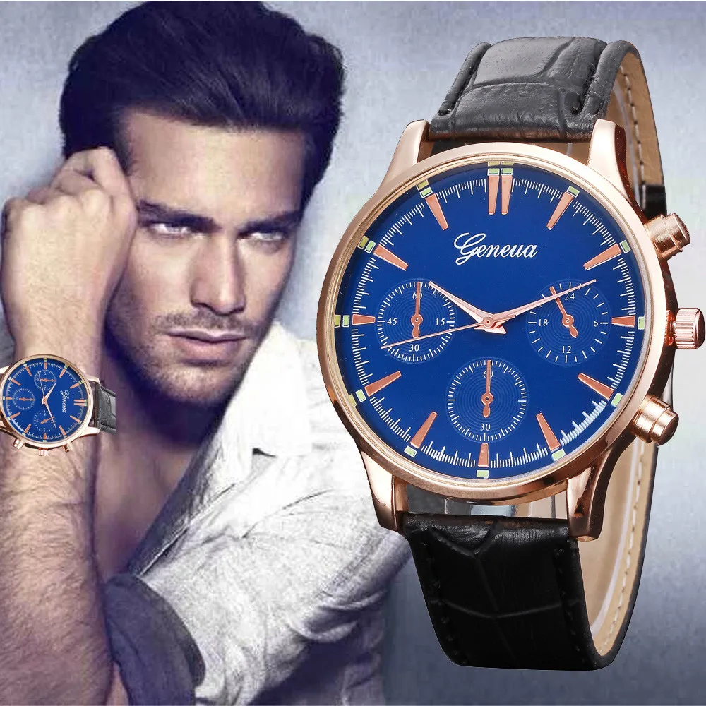 New Arrive Luxury Mens Geneva Watch Retro PU Leather Band Analog Alloy