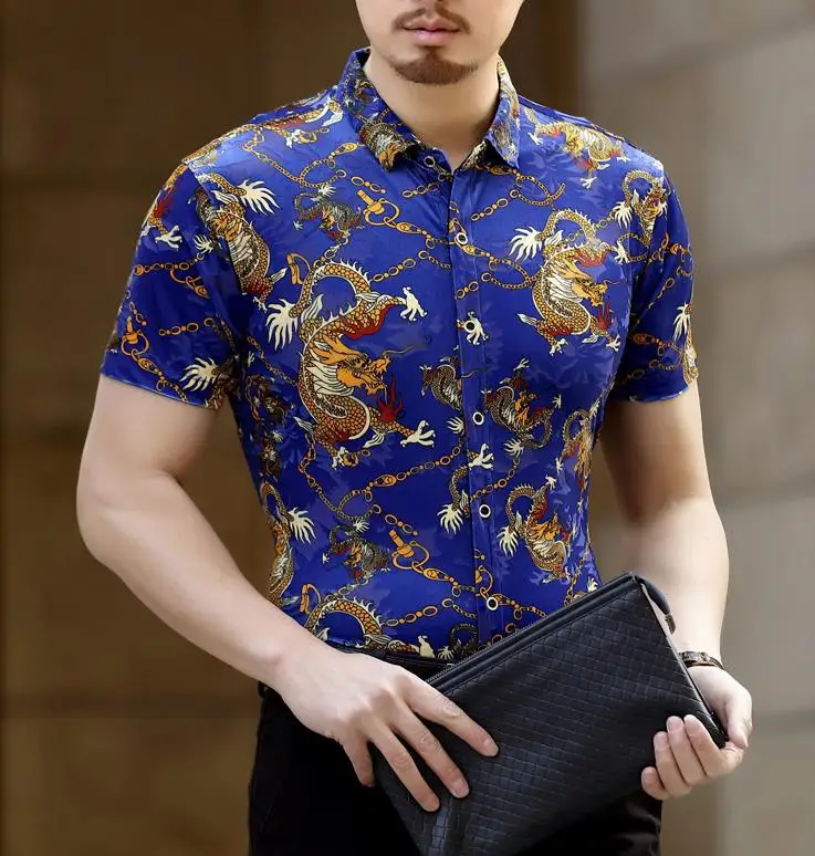 Mens Dragon Pattern Silk Shirts Casual Short Sleeve Business Shirt ...