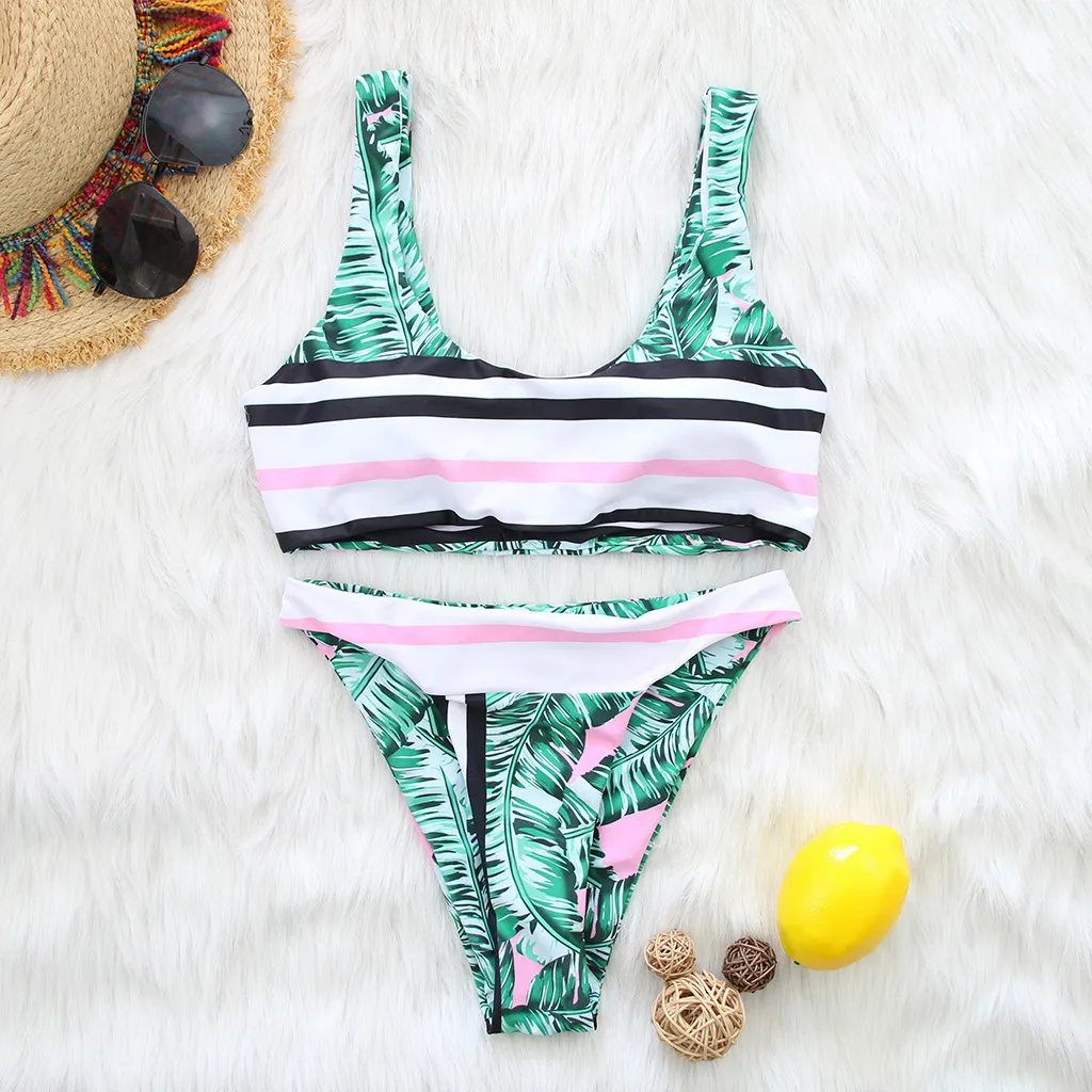 Bikinis 2019 Mujer Swimsuit High Waist Bandeau Bikini set Swimwear Women Tropical Leaf PrintBiquini Swimming Suit For Women