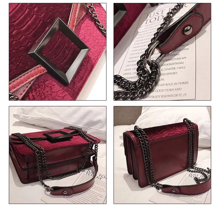Female Luxury Chain Velvet Leather Handbag Designer 2019 Snakeskin Green Red Velour Crossbody Bag for Women Messenger Flap Purse (4)