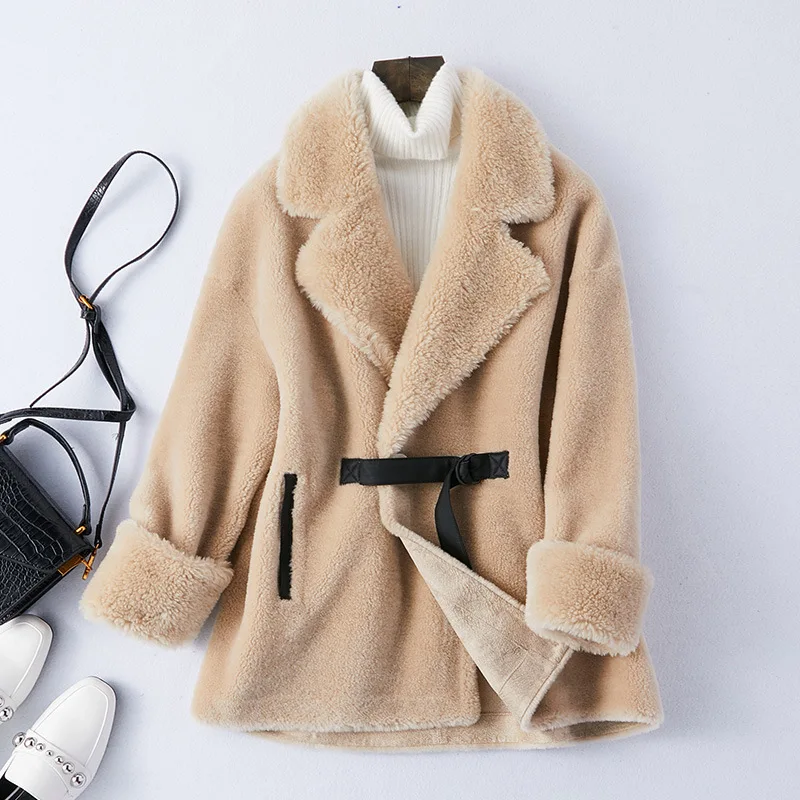 Korean style Winter 100% Real Fur wool Coat women Short blue yellow Whole Wool Skin Fur Adjustable Waist Belt Jacket