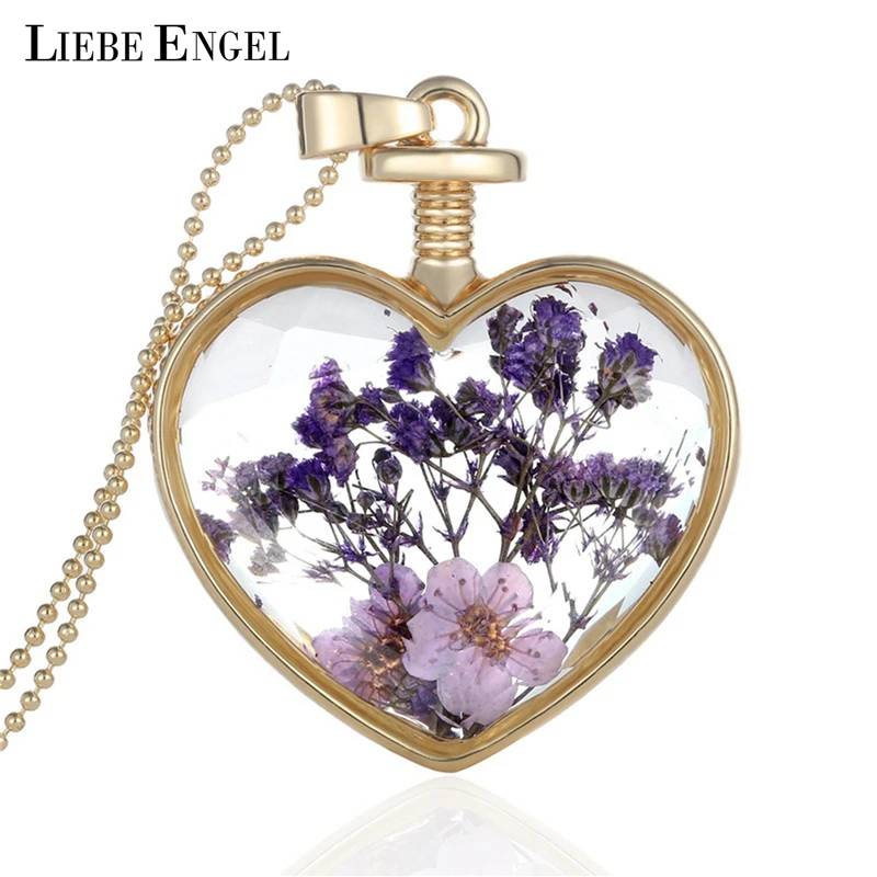 LIEBE ENGEL Collares Purple Dried Flowers Heart Crystal Glass font b Pendant b font font b