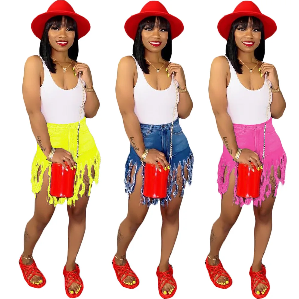 

Helisopus Summer High Waist Shorts Women Tassel Hem Sanding Casual Straight Shorts Vintage Denim Shorts Plus Size