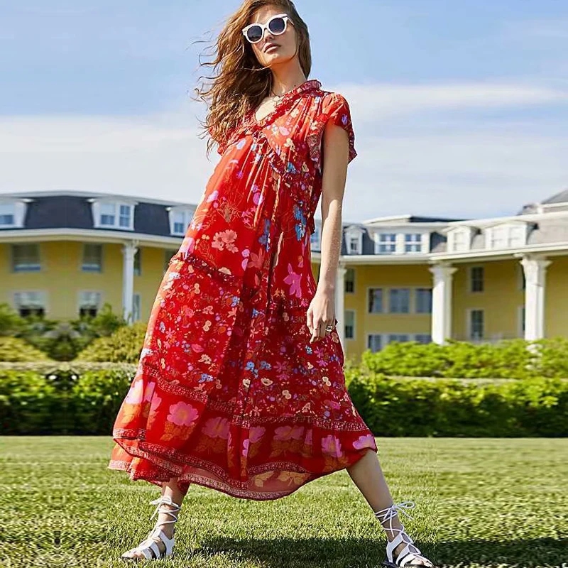 

KIYUMI Dress Women Rayon Summer Dress Wild Bloom Boho Short Sleeves Printed Ruffles Casual 2019 Loose Beach Red Long Dresses New