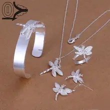 С посеребрением ювелирный набор, недорогой Свадебный вечерние наборы, инкрустированный камень стрекоза модное серебряное ожерелье серьга-браслет кольцо