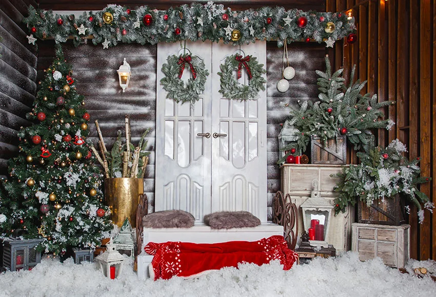 Рождественский фон для фотосъемки Зимний снег рождественская елка венок