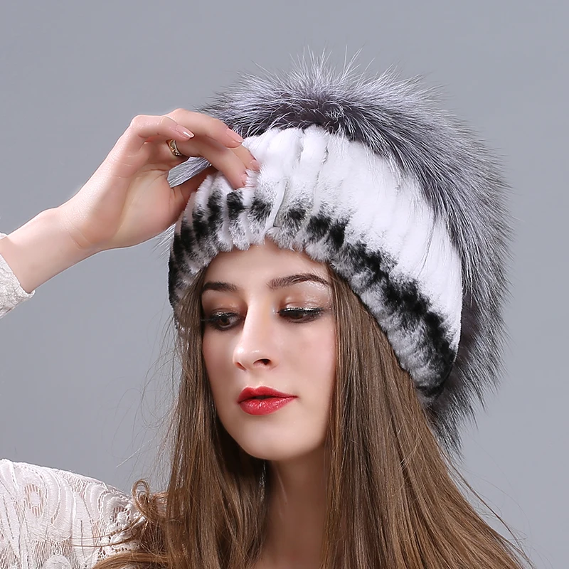 black Rabbit Fur Hat Female Winter Thick Warm Knit Hat Cute Beanie Cat