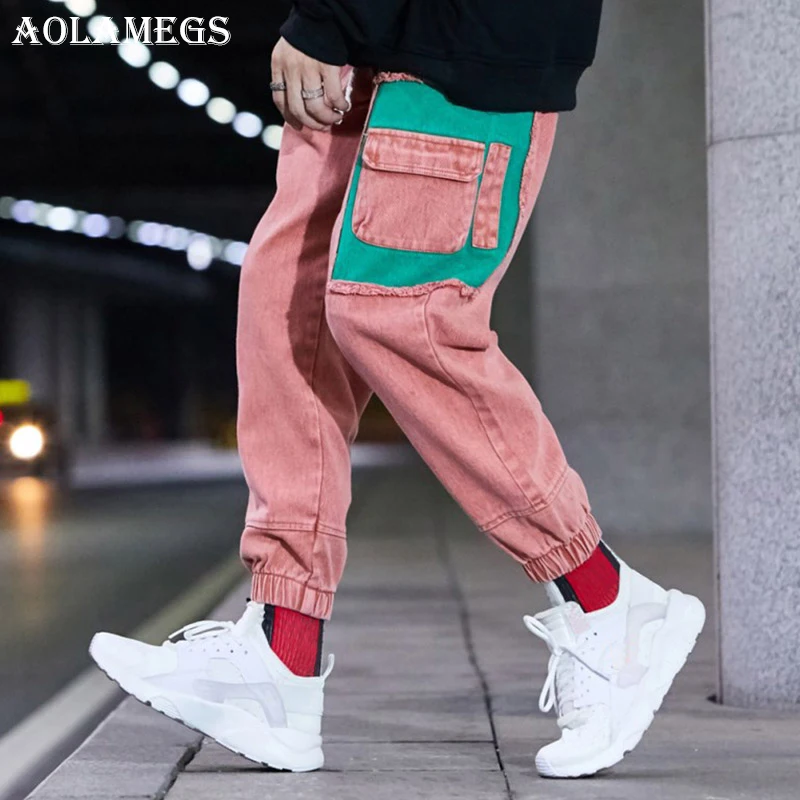 Aolamegs Biker Ripped Jeans For Men Side Zipper Block Pants Mens Skinny ...