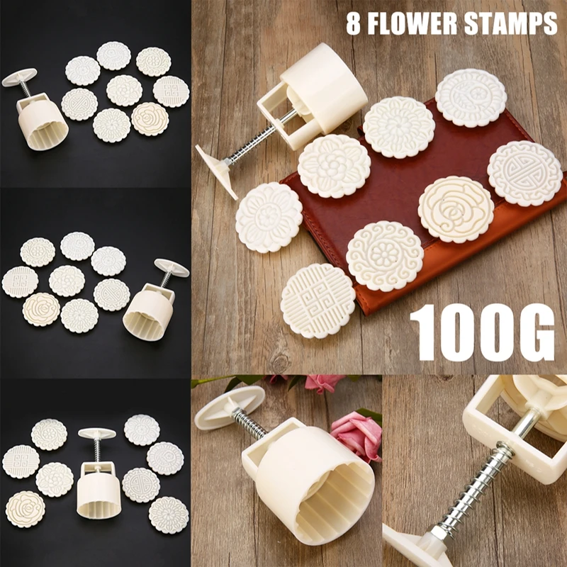 

9Pcs/Set 8 Flower Stamps +1 Barrel Moon Cake Mold Hand Pressure Biscuit Mould DIY Baking Pastry Decorating Bakeware Tools