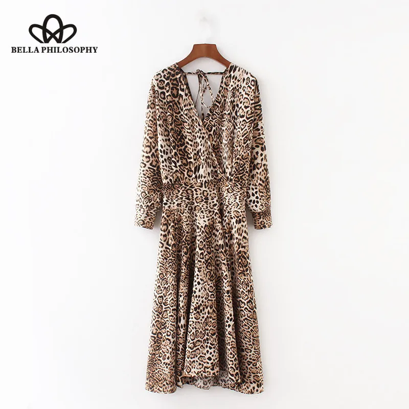 Wonder 2018 autumn vintage long sleeve sexy deep v neck leopard printing split long dress vestidos bow tied business party dress