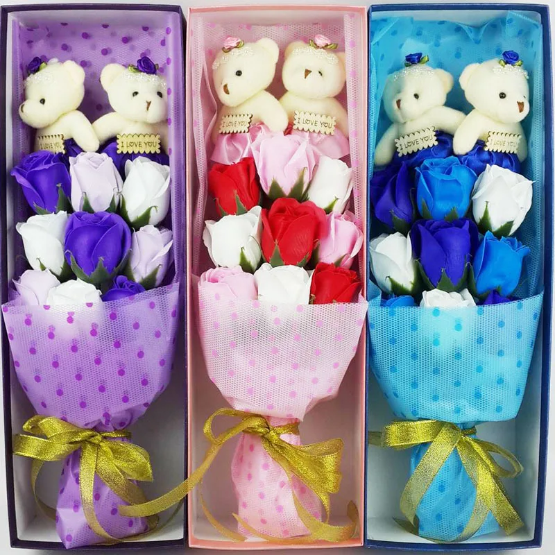 

Exquisite Soap flower artificial Flowes Silk Fake Rose Flower Party decoration 9pc Rose Flower+2 bears+Gift Box lover Natal Gift