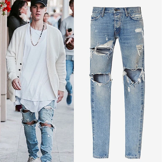 2017 Kanye West Justin Bieber Fear Of God Men Jeans Washed Ripped Casual Jeans Street Style Side Fashion Brand Jeans - AliExpress