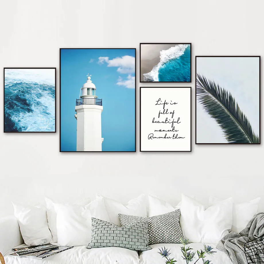 

Blue Sea Lighthouse Leaf Quotes Landscape Wall Art Canvas Painting Nordic Posters And Prints Wall Pictures For Living Room Decor