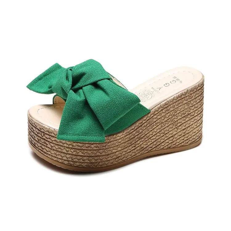 Прямая поставка; комнатные тапочки; Для женщин Красивые лоферы с бабочкой туфли однотонные сандалии на танкеточной платформе тапочки пляжная обувь, сандалии De Verano Mujer SE629 - Цвет: Зеленый