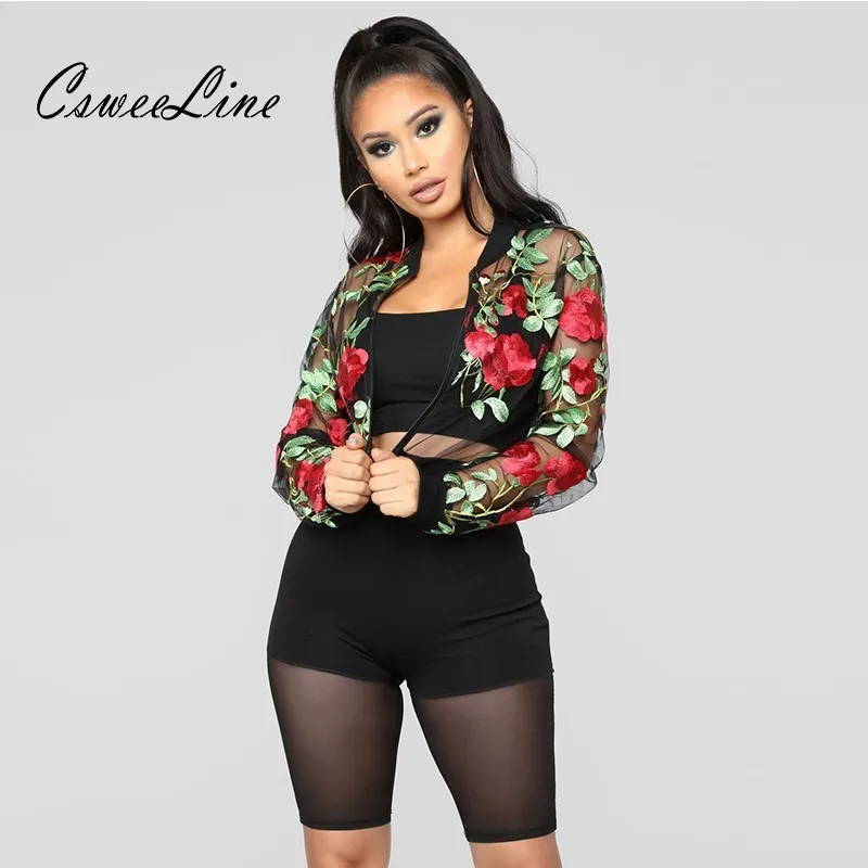 

floral embroidery autumn jacket women fashion hollow out mesh roses cropped jacket womens sexy streetwear crop top black jackets