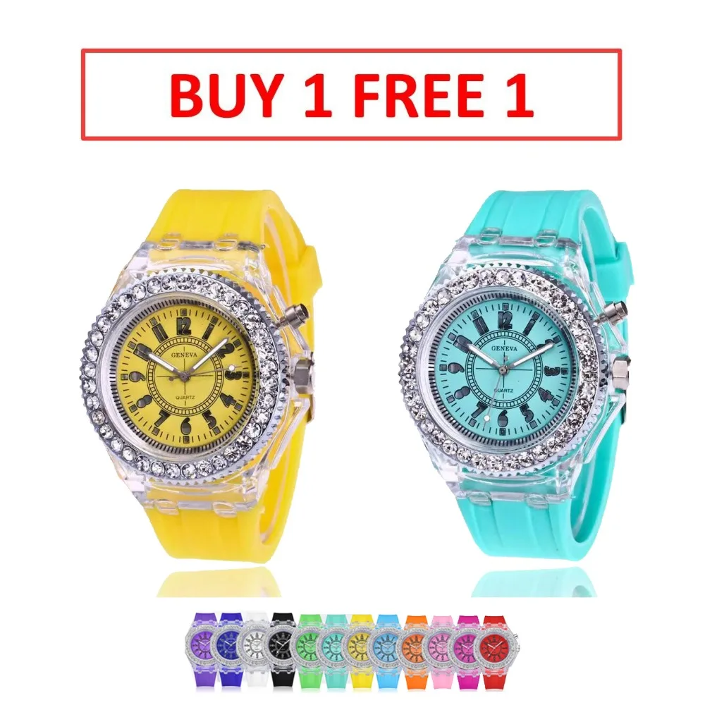 

Geneva Ladies Rhinestone LED Flash Big Dial Quartz Watch Luminous Fashion 12 color light Wrist Woman Men's Students Lovers Watch