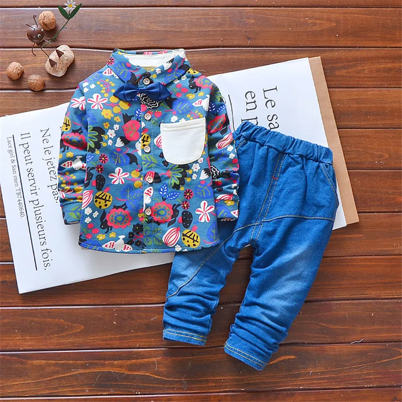 Весенне-осенние комплекты одежды из 2 предметов для мальчиков праздничная одежда с галстуком для малышей Детский Костюм Джентльмена с цветочным рисунком детская повседневная осенняя одежда на 1 год