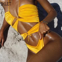 Сексуальный высокий вырез v-образный Вырез Цельный купальник сплошной желтый крест бандаж монокини выдалбливают купальный пляжный костюм одежда