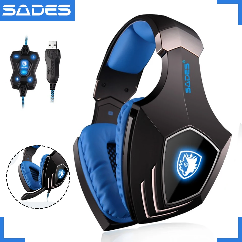 Цена SADES A60 USB Виртуальная 7,1 игровая гарнитура проводные наушники глубокий бас Вибрация шлем наушники с микрофоном для геймера