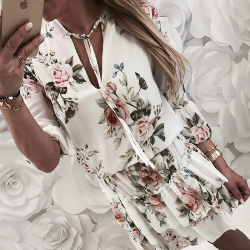 

yashangyi Summer Dress 2019 New Arrival Ruffles Women Dresses Half Sleeve Casual Retro Print Girl A-Line Dress Vestidos Robe