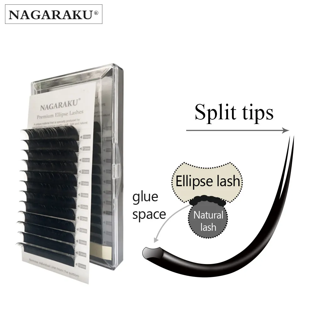 

NAGARAKU Flat Ellipse Eyelashes Extensions split tips soft and light false eyelashes thickness 0.15 0.20 mm B C D glossy black