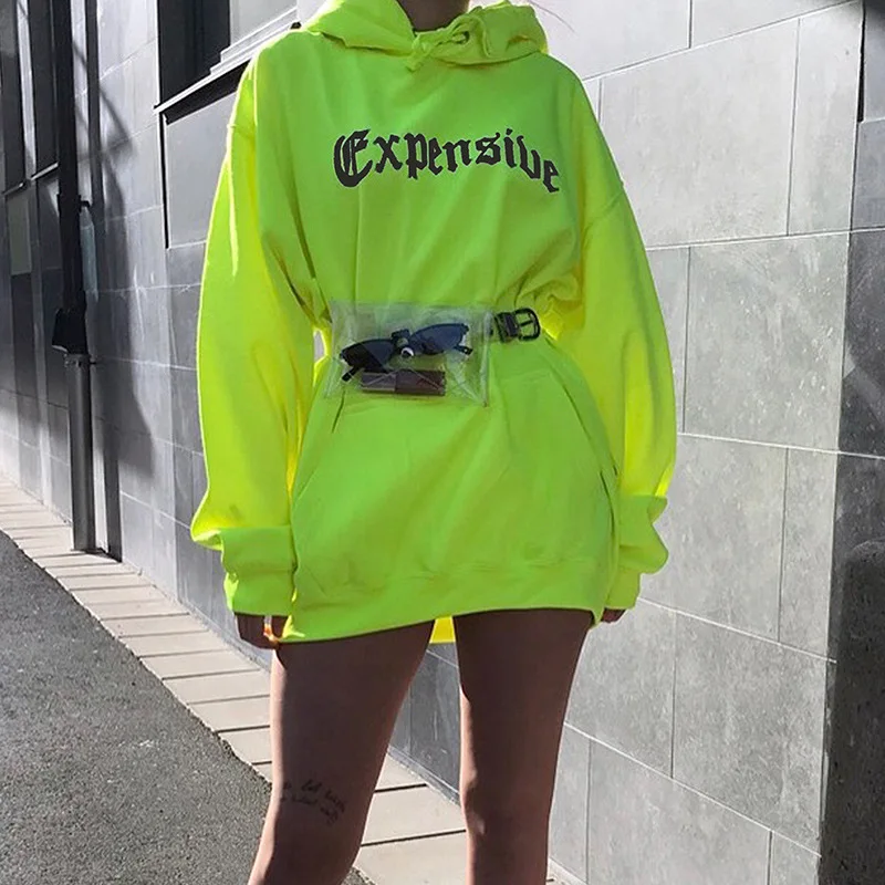 

Streetwear neon green bluza damska women long sleeve letter printed hoodies sweatshirt autumn neon hoodie moletom