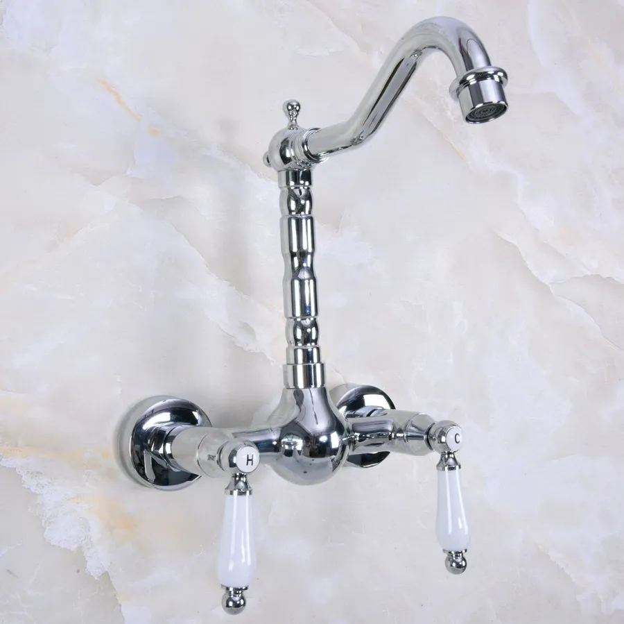 Polished Chrome Brass Wall Mounted Double Ceramic Handles Levers Bathroom Kitchen Sink Faucet Mixer Tap Swivel Spout anf960
