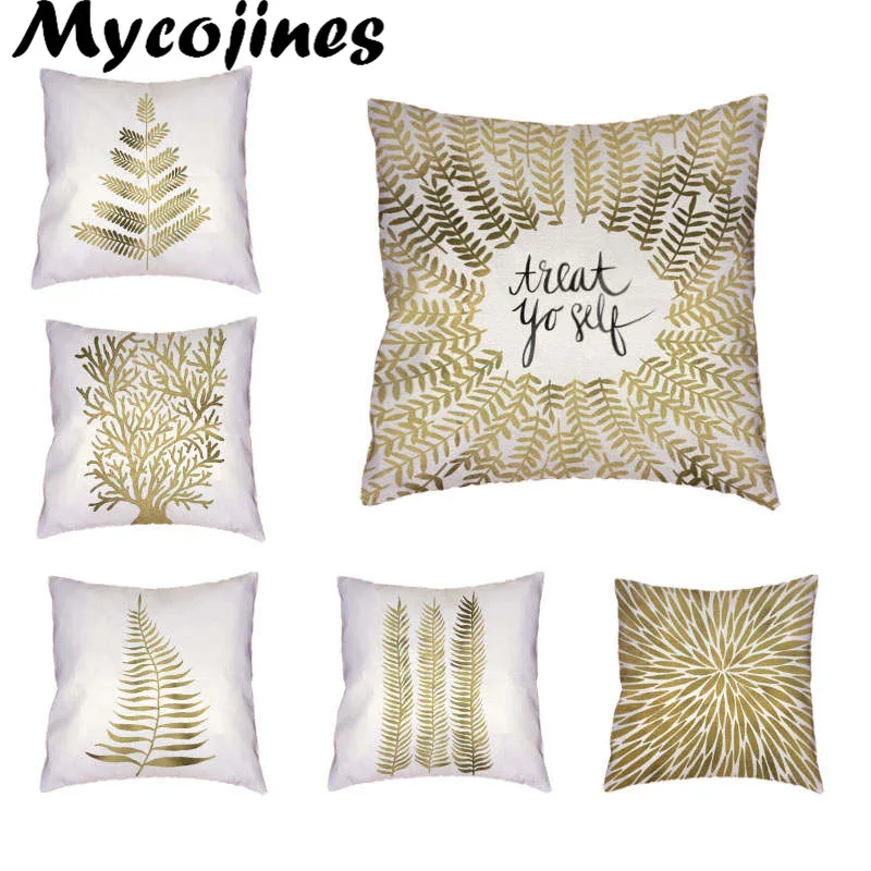 

Pillowcase Northern Europe Style Geometry Cushion Cover Golden Color 45*45cm Square Letter Coral Leaves Living Room Office Decor