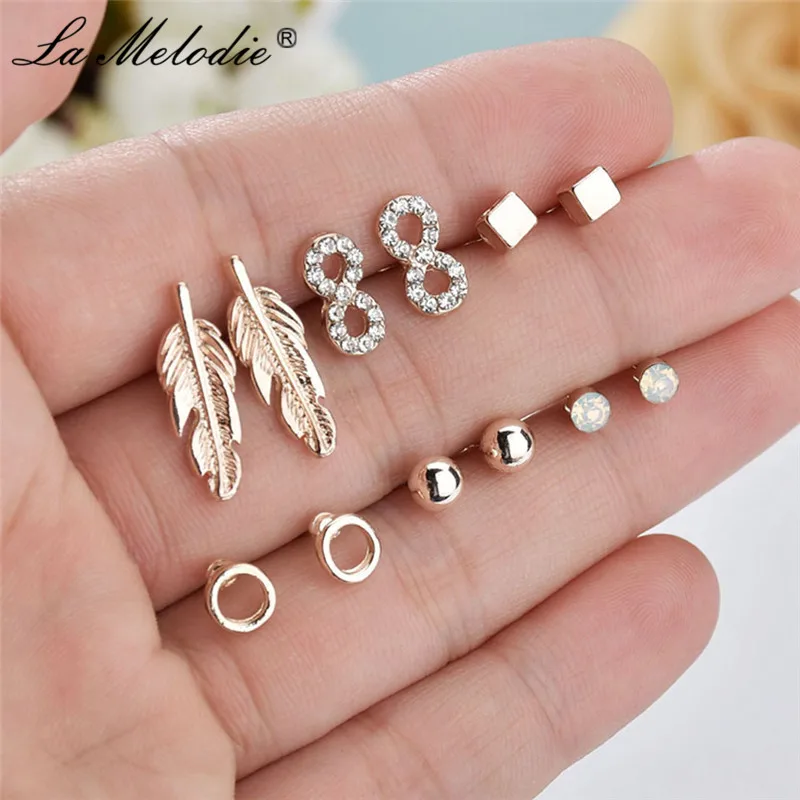 

New Women Gold Alloy Feather Square Number 8 Letter Round Rhinestone Stud Earring Set Geometric Shape Stud Earrings Female Gifts