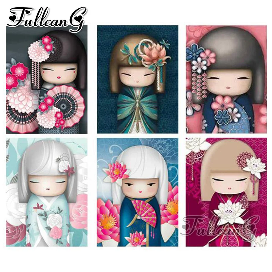 

FULLCANG diy full square/round drill kimono dolls diamond painting cartoon japanese girl mosaic embroidery rhinestone kit FC586