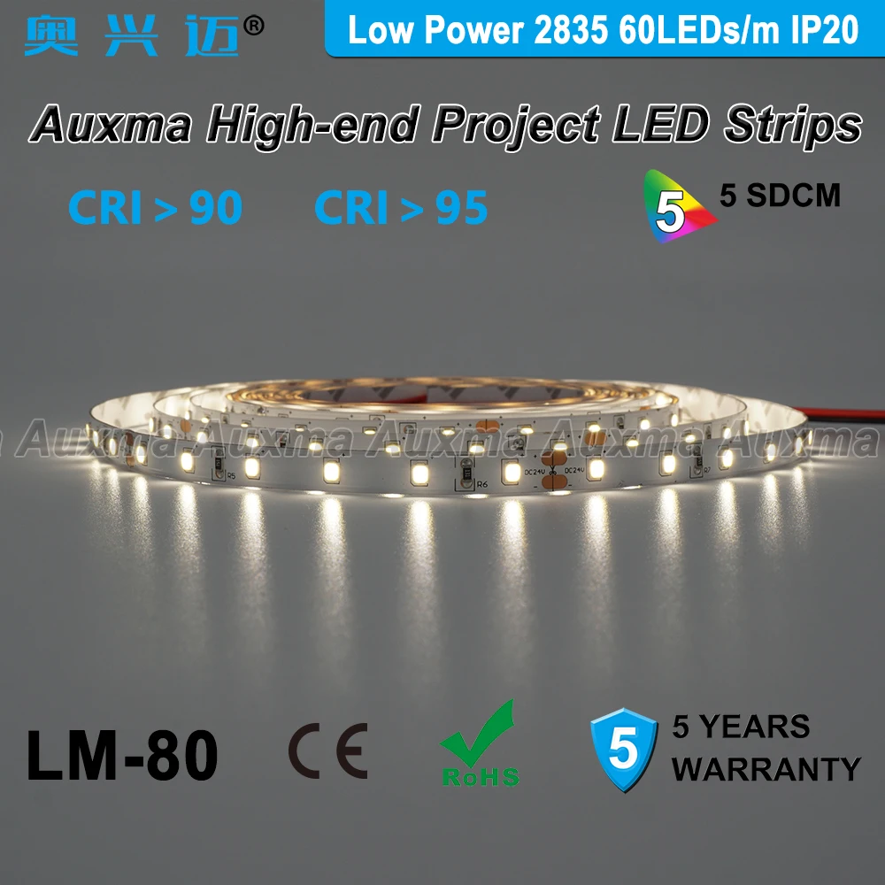 Низкая Мощность 2835 60leds/m Светодиодные ленты, CRI95 CRI90, IP20 DC12V/24 V, 4,8 Вт/м, 300 светодиодов/катушка, 5 м/катушка-водонепроницаемый, для в помещении