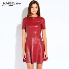 KAIGE НИНА Женщины Моды ИСКУССТВЕННАЯ Кожа Платье A-Line О-Образным Вырезом Черное Платье Повседневная Мини-Платье С Коротким Рукавом Sexy Осень Vestidos 2153