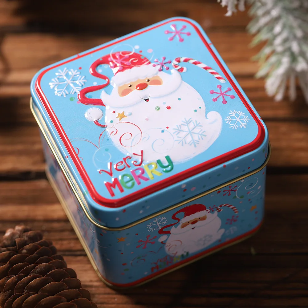 Christmas Gifts Box Package Tin Candy Box Noel Dragee Cookies Biscuit Case Container Christmas Decoration for Home Accessories - Цвет: santa blue