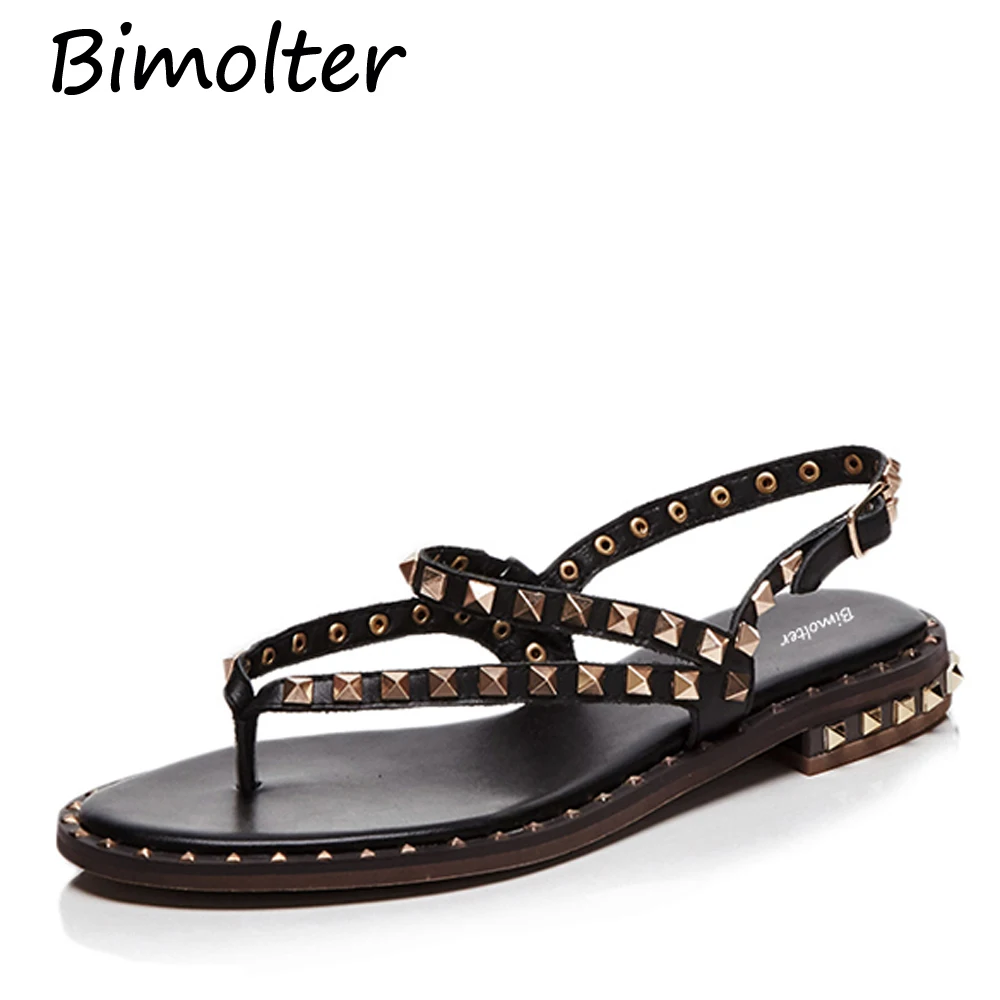 Bimolter 2018 Genuine Leather Fashion Gladiator Sandals For Women Casual Rivet Flat Shoes Ladies Rome Style Sandal Shoes LSSB009