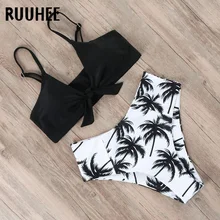 RUUHEE Bikini Swimwear Women Swimsuit 2019 High Waist Bikini Set Push Up Front Knot Bathing Suit Women Summer Beach wear Biquini rib knot front bikini set